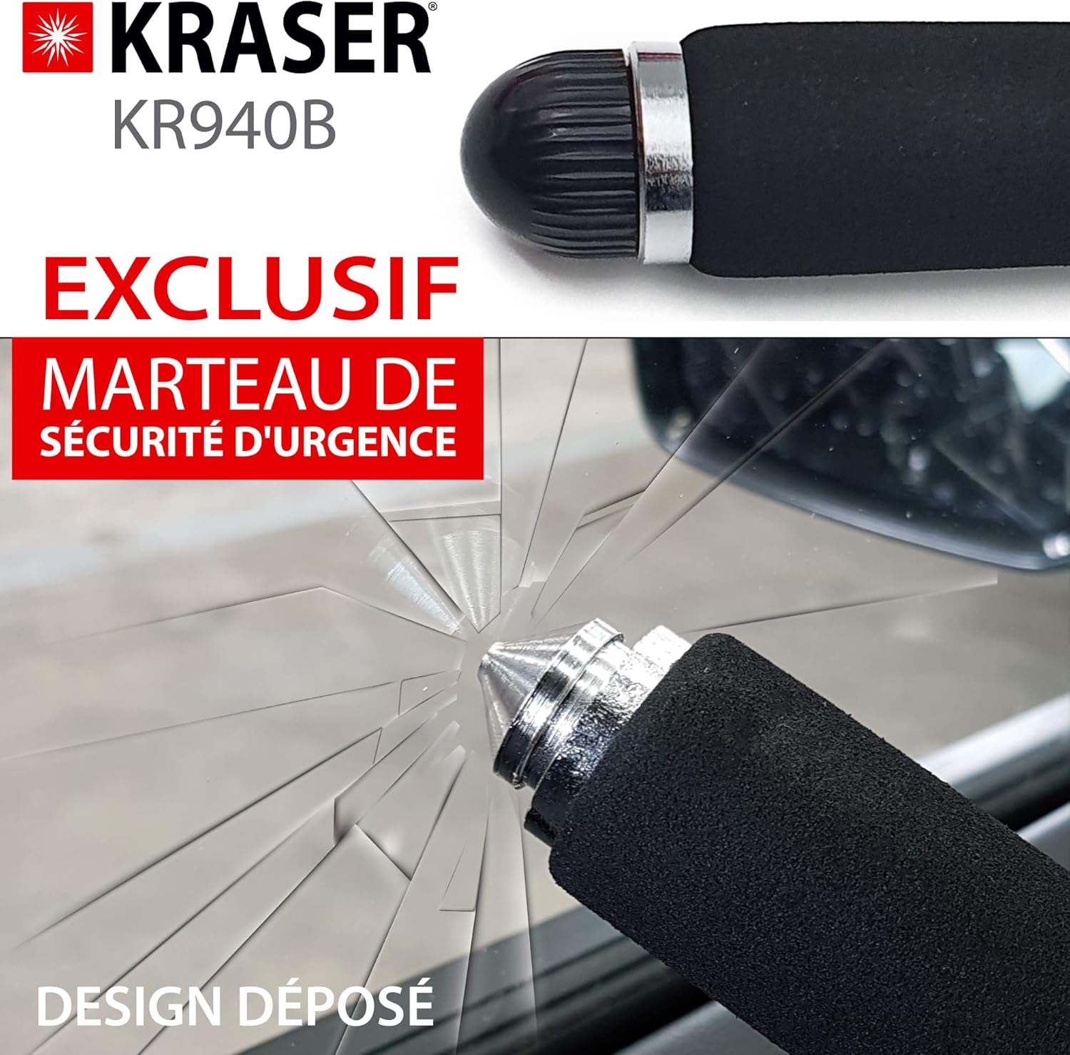 KRASER KR940B Car Anti-theft with Maximum Security Code, Yellow Rod More Visible and Deterrent, Robust Steering Wheel Lock with Emergency Hammer, Universal Anti-Theft Bar Block for Car, Motorhome