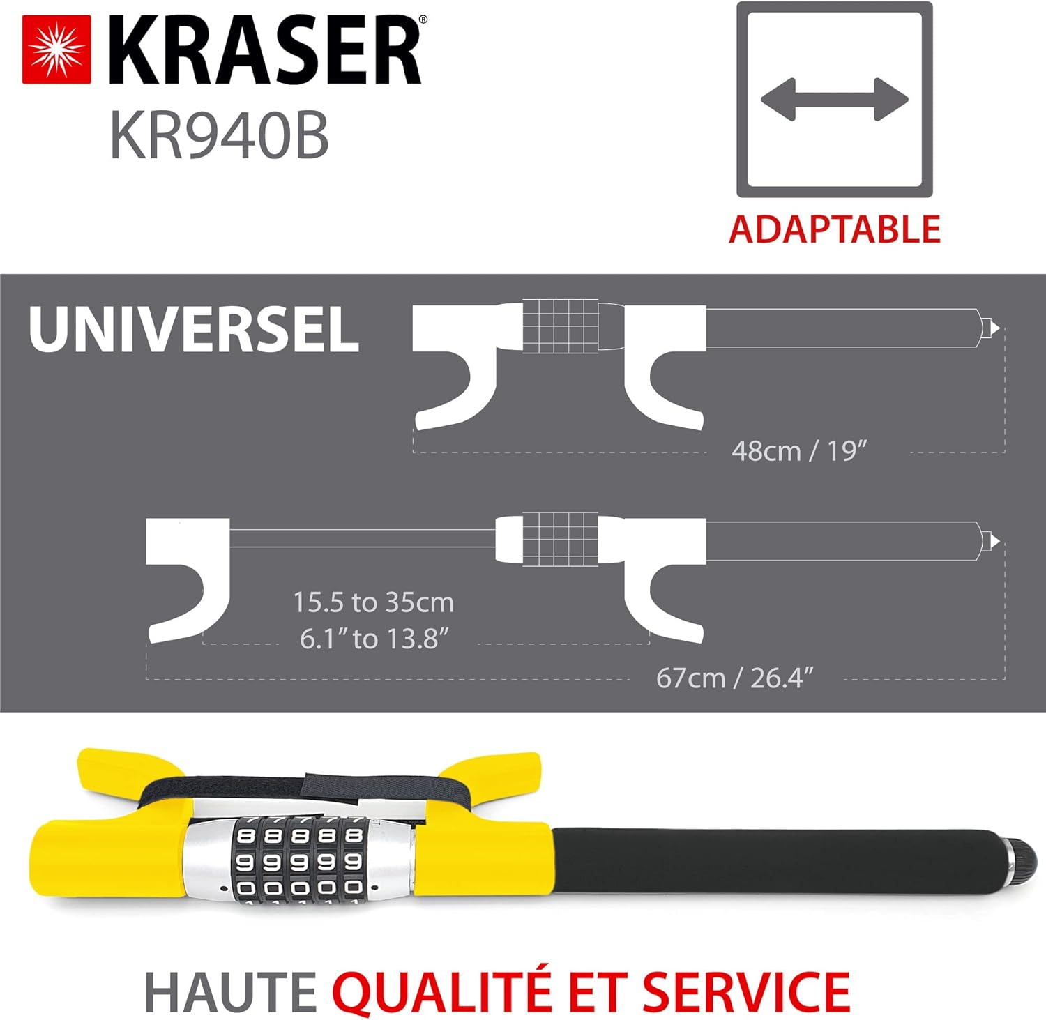 KRASER KR940B Car Anti-theft with Maximum Security Code, Yellow Rod More Visible and Deterrent, Robust Steering Wheel Lock with Emergency Hammer, Universal Anti-Theft Bar Block for Car, Motorhome