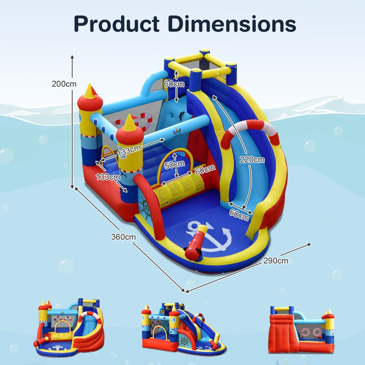 Boat Style Inflatable Castle with Curved Slide Jumping Zone Climbing Wall with 450 W Inflator -
