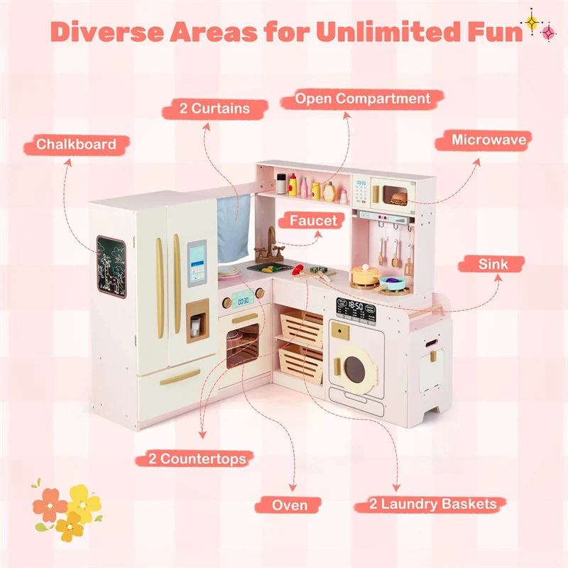 Corner Kids Kitchen Playset with Trash Can, Real Lights & Sounds, 2-Door Fridge, 22 Accessories - Product image 18
