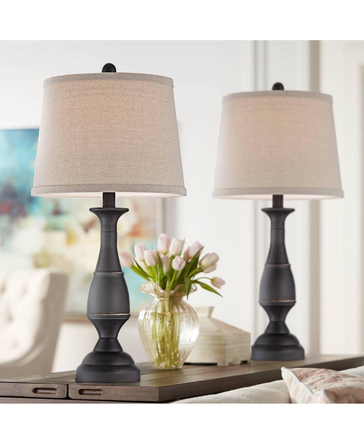 Regency Hill Ben Traditional Table Lamps Set of 2 Dark Bronze Metal Beige Linen Drum Shade for Living Room - Product image 1