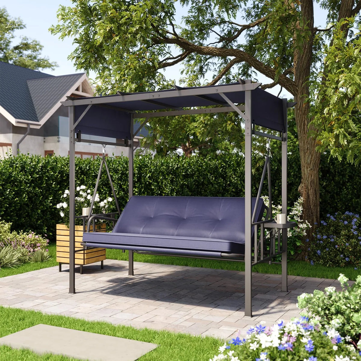 AECOJOY 2-in-1 Convertible Porch Swing Bed 3 Seat, Outdoor Patio Metal Pergola Swing - Product image 15