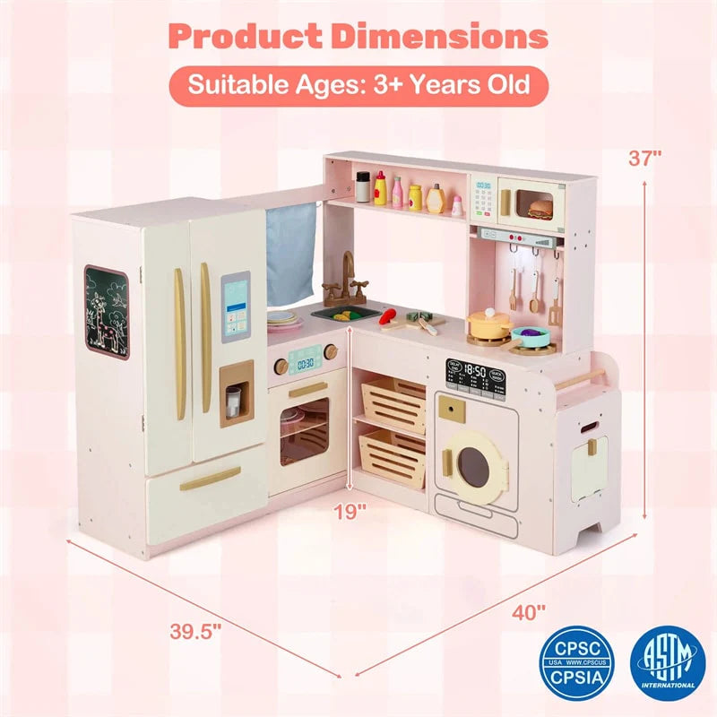 Corner Kids Kitchen Playset with Trash Can, Real Lights & Sounds, 2-Door Fridge, 22 Accessories - Product image 13