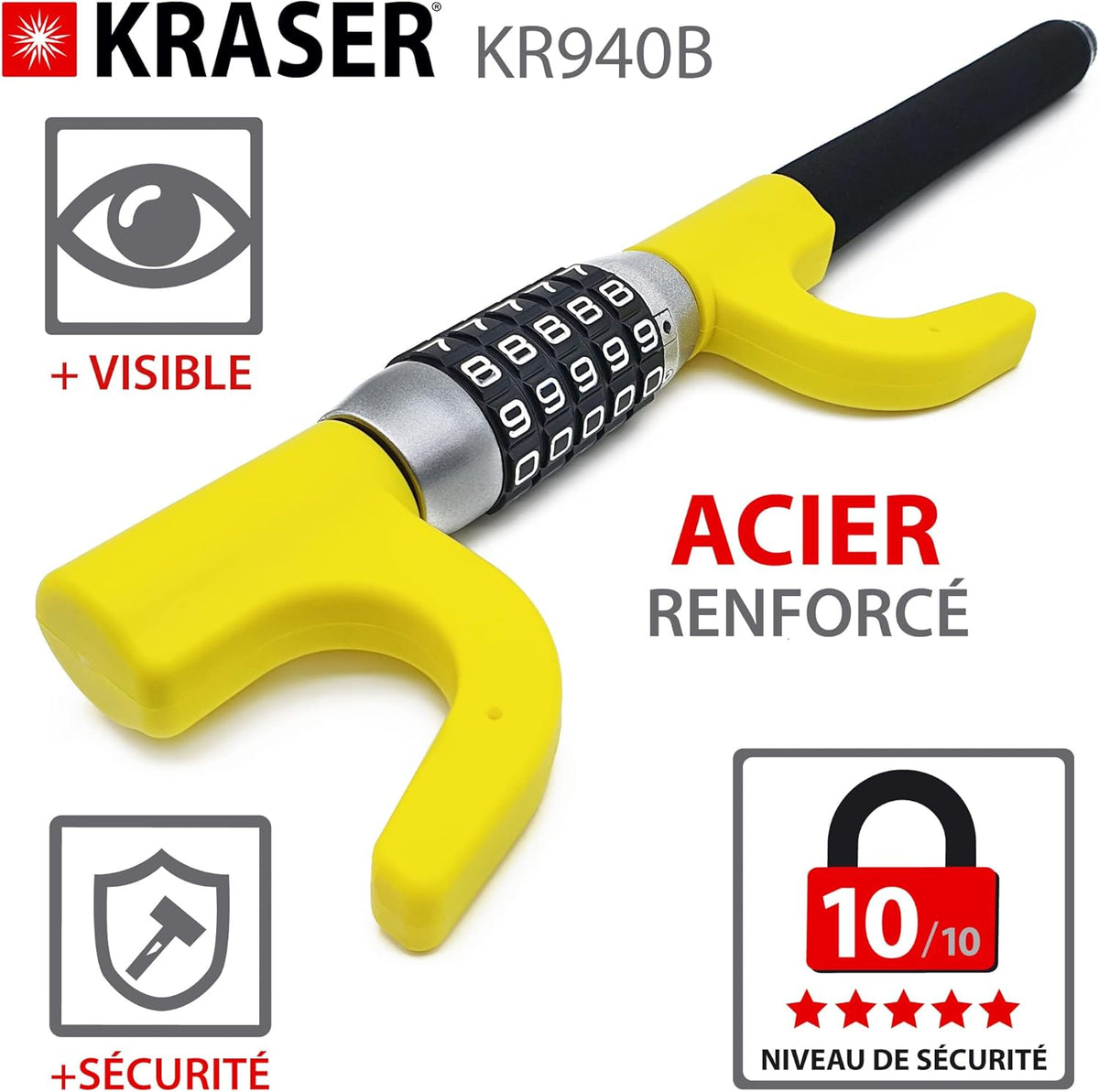 KRASER KR940B Car Anti-theft with Maximum Security Code, Yellow Rod More Visible and Deterrent, Robust Steering Wheel Lock with Emergency Hammer, Universal Anti-Theft Bar Block for Car, Motorhome