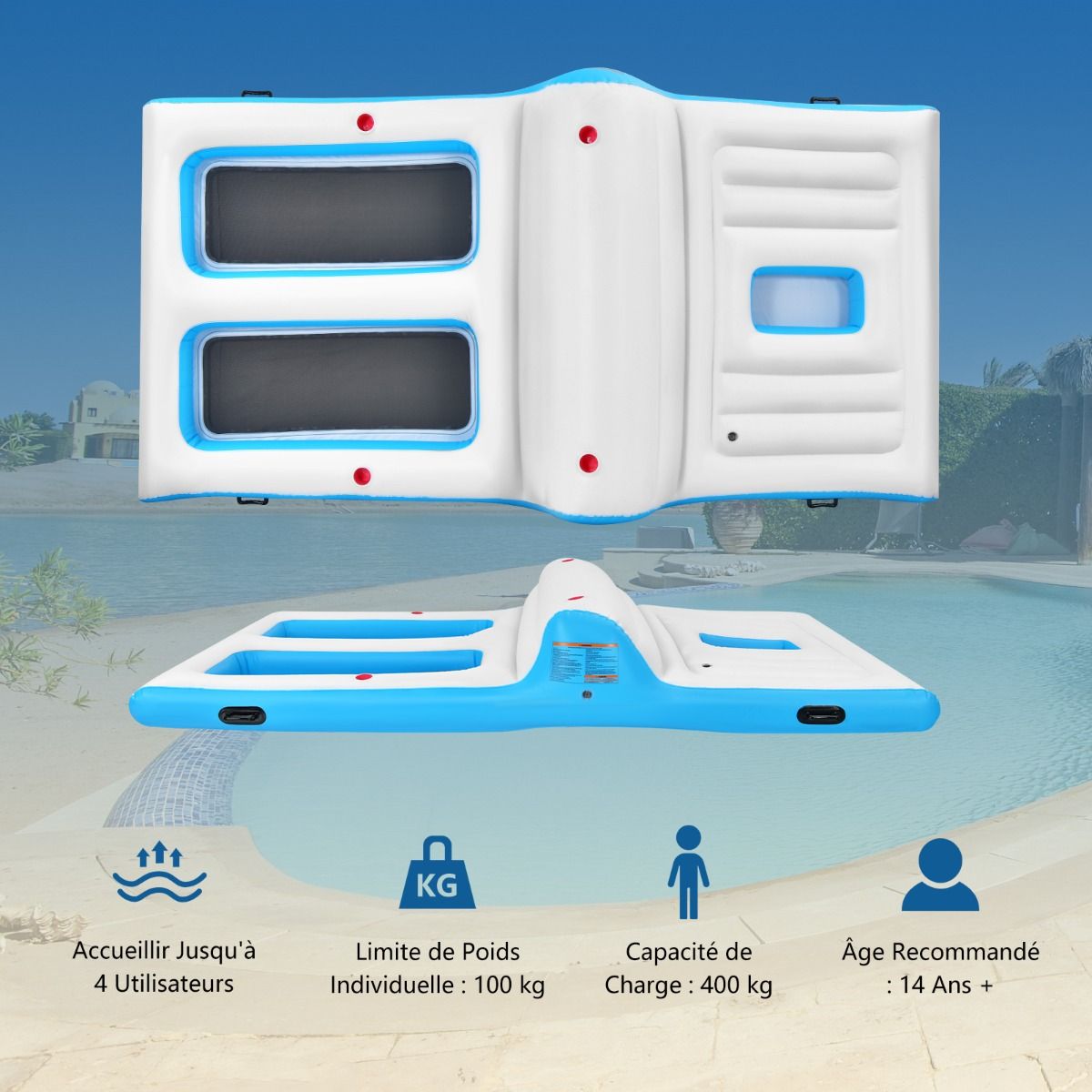 Inflatable Pool Island for 4 People with Pump Cooler Cup Holder 360 x 197 x 66cm -