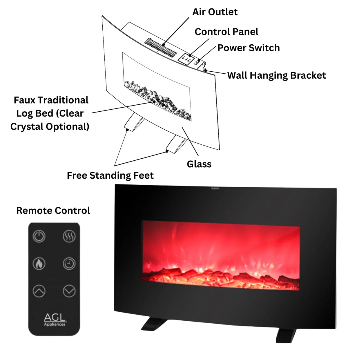 AGL APPLIANCES LLC 38 in Electric Fireplace Heater Stove - Tempered Glass Curved Screen with Log or Crystal - Product image 4
