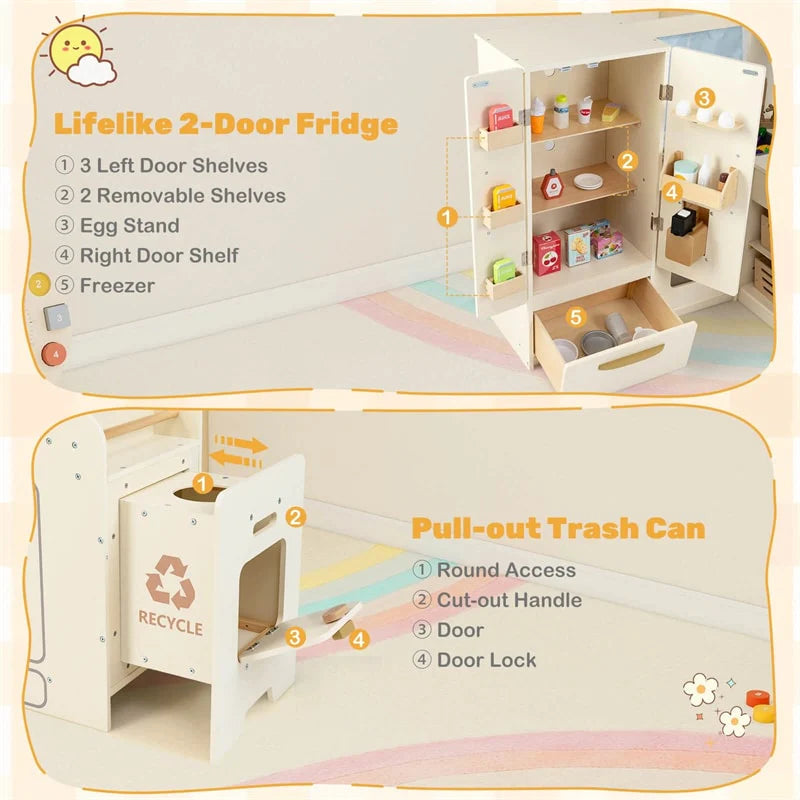 Corner Kids Kitchen Playset with Trash Can, Real Lights & Sounds, 2-Door Fridge, 22 Accessories - Product image 5