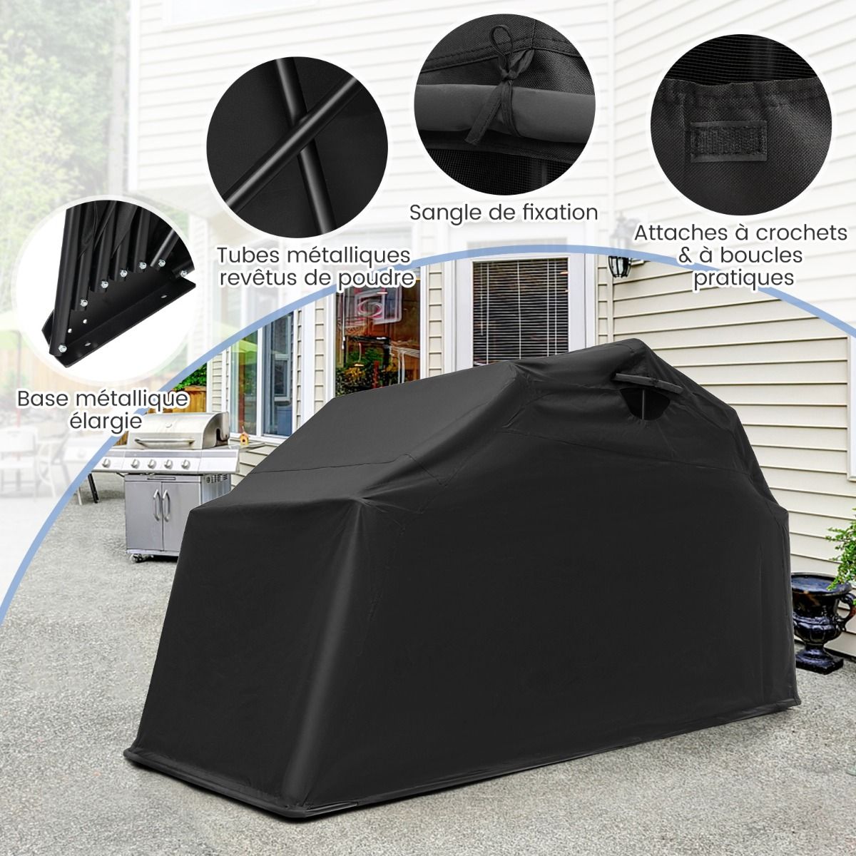 Outdoor Motorcycle Shelter Motorcycle Tent with Oxford Fabric Cover Roll-up Mesh Windows Waterproof Outdoor Motorcycle Cover for Motorcycle Bikes Tools Black -