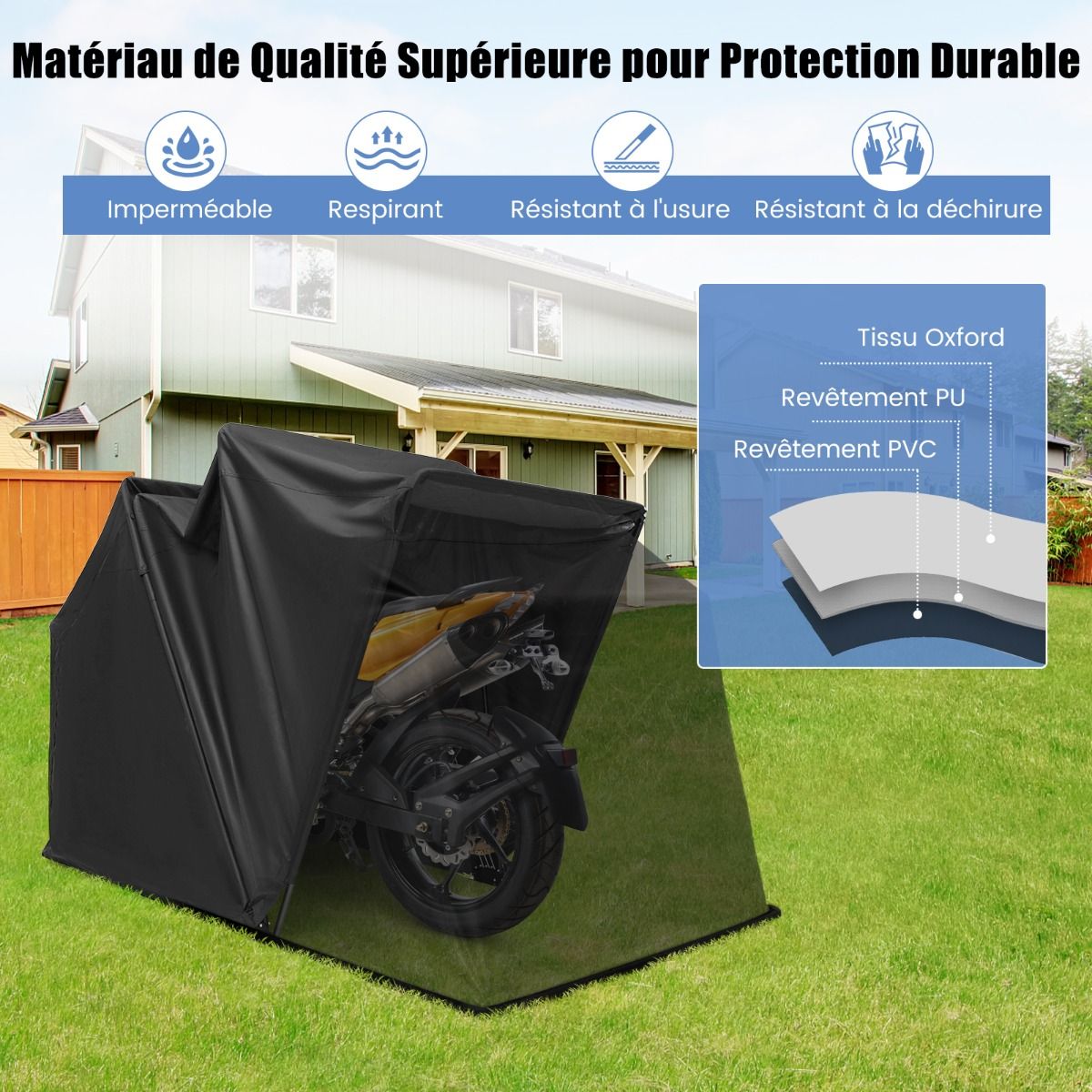 Outdoor Motorcycle Shelter Motorcycle Tent with Oxford Fabric Cover Roll-up Mesh Windows Waterproof Outdoor Motorcycle Cover for Motorcycle Bikes Tools Black -