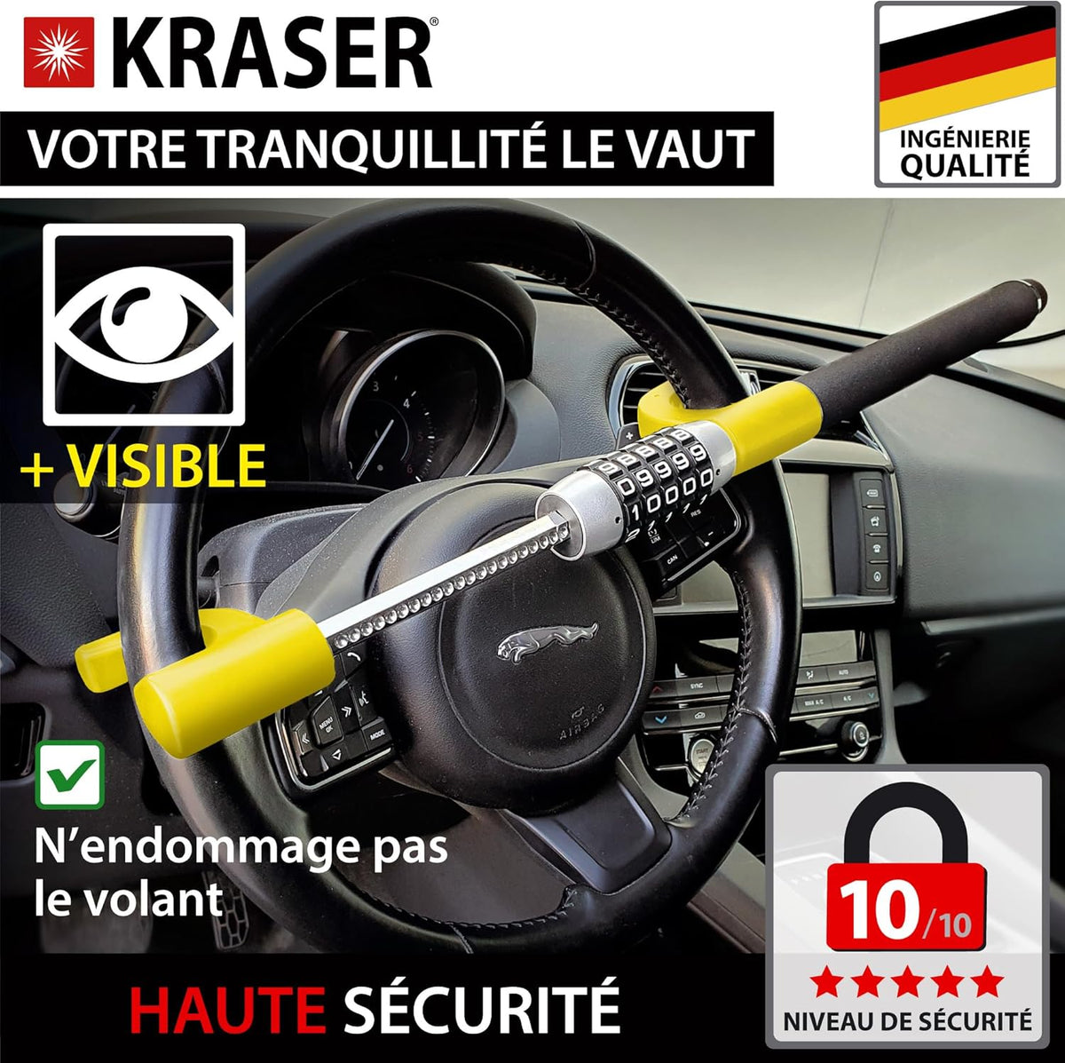 KRASER KR940B Car Anti-theft with Maximum Security Code, Yellow Rod More Visible and Deterrent, Robust Steering Wheel Lock with Emergency Hammer, Universal Anti-Theft Bar Block for Car, Motorhome