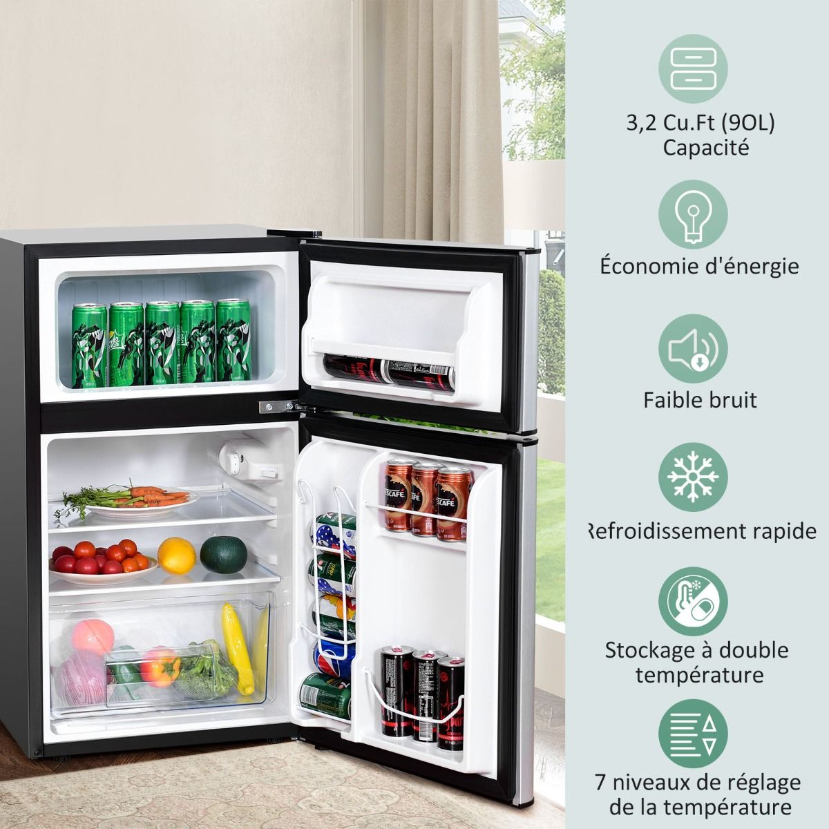 Compact Fridge Mini Fridge 90L Separate Freezer with 2 Door Design Quiet Operation White/Grey/Black -