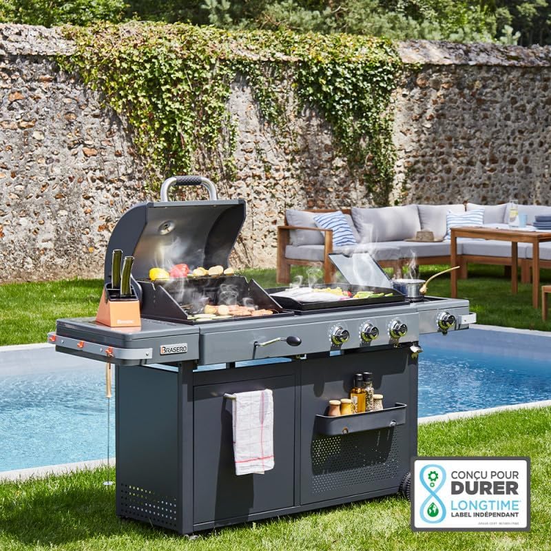 BRASERO - Bi-Energy Gun Metal XL Barbecue - Charcoal Barbecue and Plancha 60 x 42 cm Gas Barbecue with Side Burner -12.95 KW