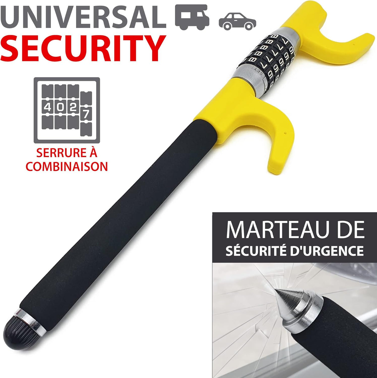 KRASER KR940B Car Anti-theft with Maximum Security Code, Yellow Rod More Visible and Deterrent, Robust Steering Wheel Lock with Emergency Hammer, Universal Anti-Theft Bar Block for Car, Motorhome