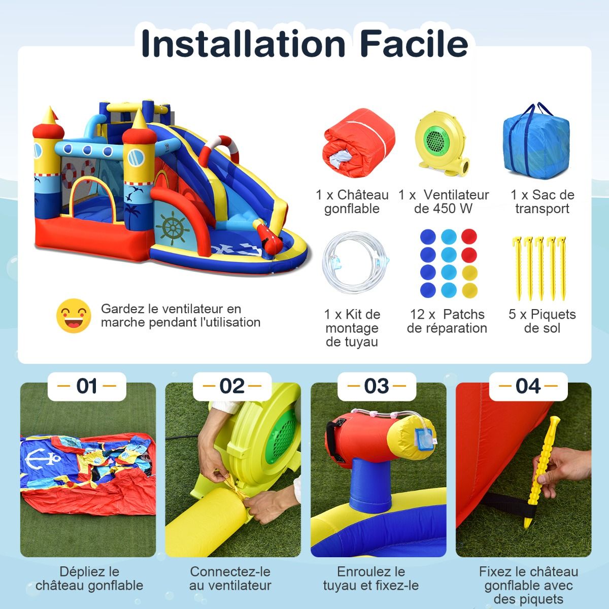 Boat Style Inflatable Castle with Curved Slide Jumping Zone Climbing Wall with 450 W Inflator -