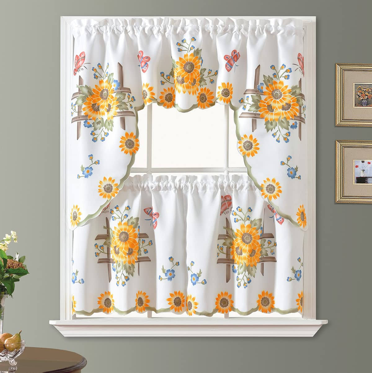GOHD Golden Ocean Home Decor 3pcs Kitchen Cafe Curtain Set Air Brushed by Hand of Sunflower and Butterfly - Product image 1