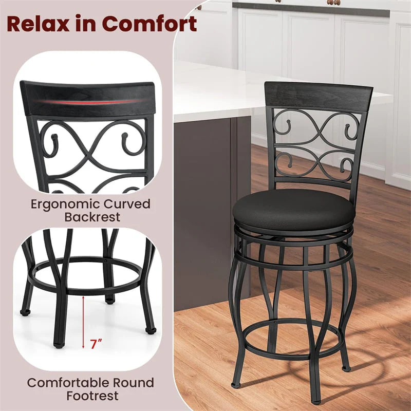 26" Vintage Swivel Bar Stools Set of 2, Counter Height Metal Barstools with Back & Upholstered PU Leather Padded Seat for Pub, Kitchen Island