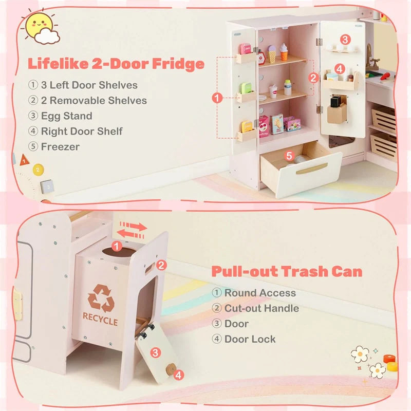 Corner Kids Kitchen Playset with Trash Can, Real Lights & Sounds, 2-Door Fridge, 22 Accessories - Product image 15