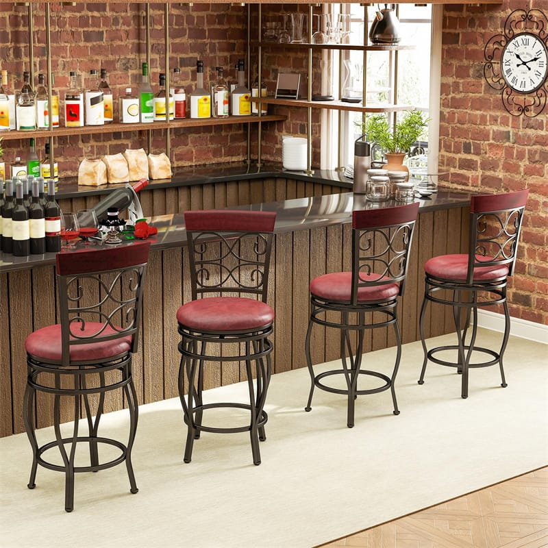 26" Vintage Swivel Bar Stools Set of 2, Counter Height Metal Barstools with Back & Upholstered PU Leather Padded Seat for Pub, Kitchen Island