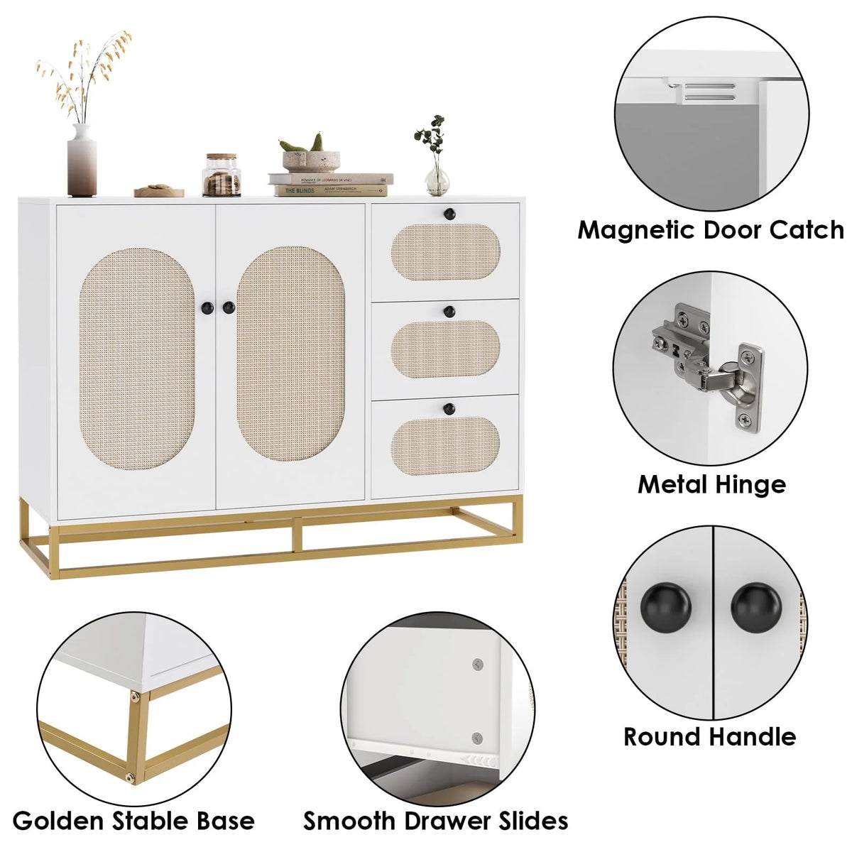 Homfa 3 Drawers Accent Storage Cabinet, 34.2"h Gold Buffet Sideboard with Rattan Doors for Living Room - Product image 9